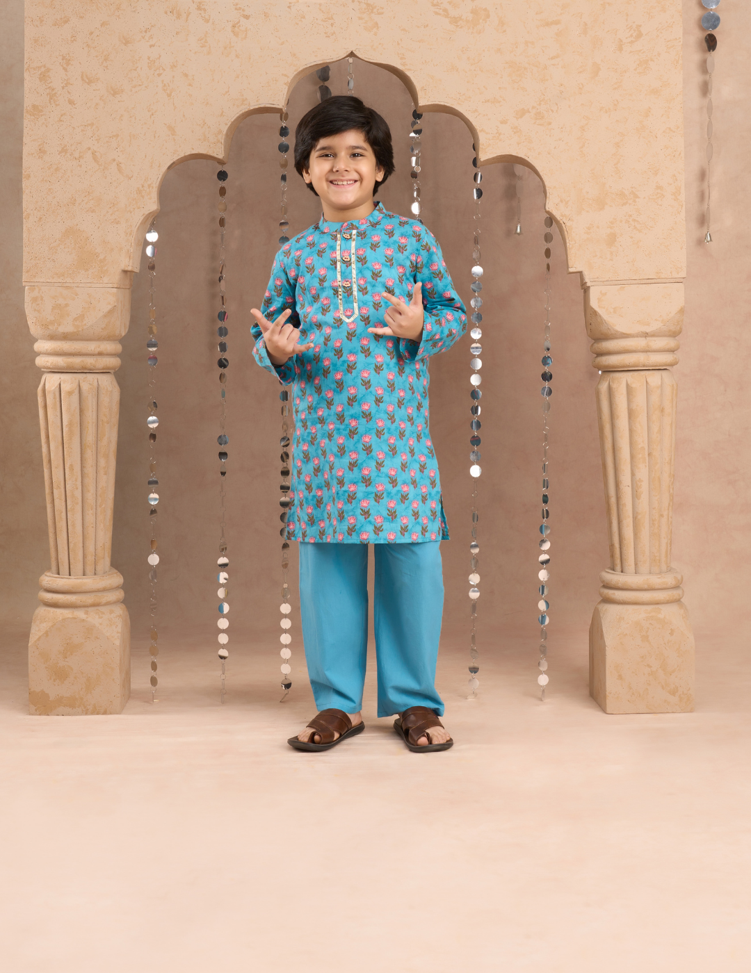 Lil Drama Boys Floral Print Kurta With Pajama Set, Blue