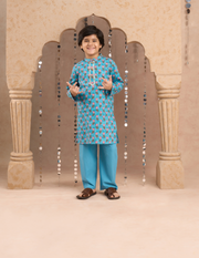 Lil Drama Boys Floral Print Kurta With Pajama Set, Blue