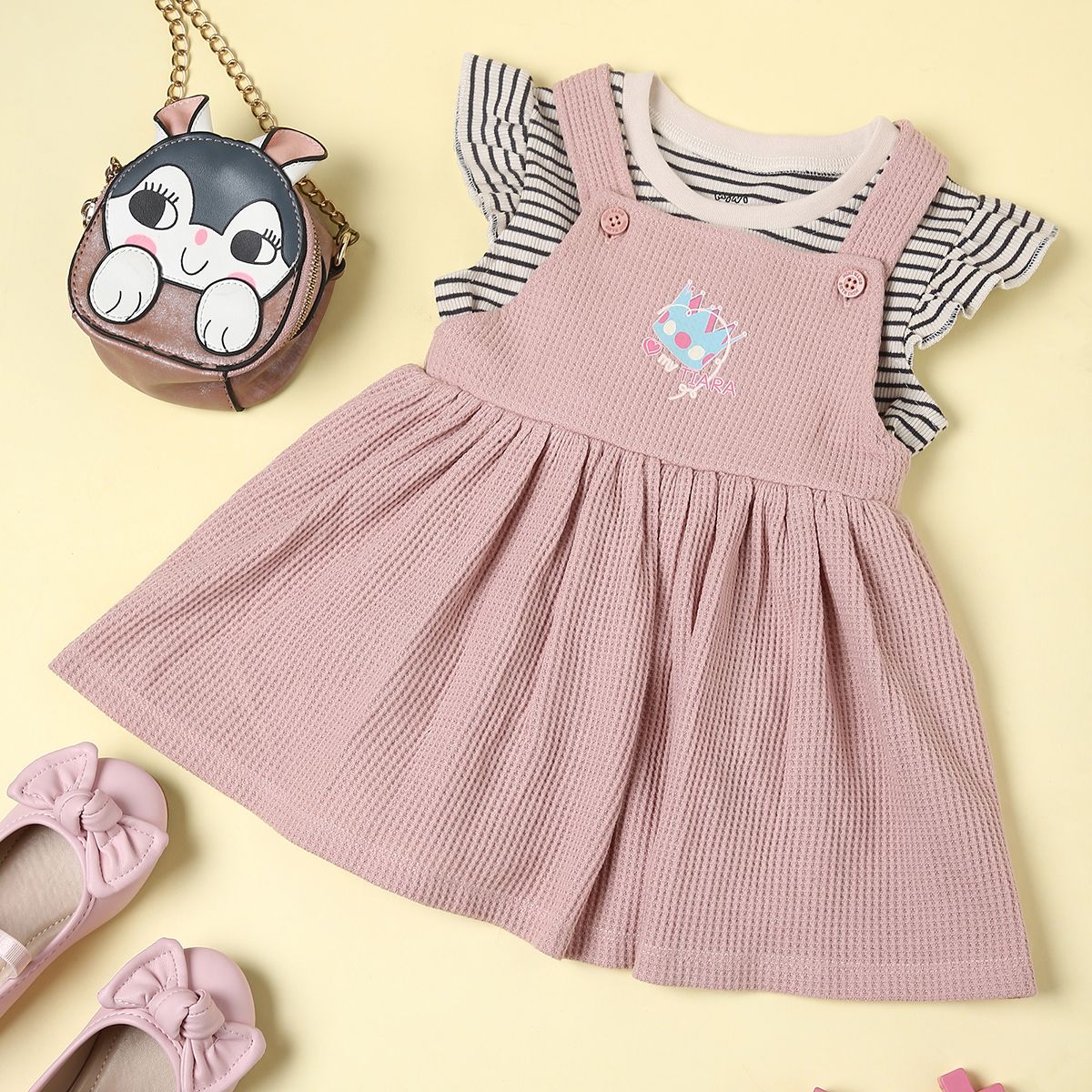 Girls Marshmallow/ Black/ Pink Round Neck Half Sleeve Pinny Set