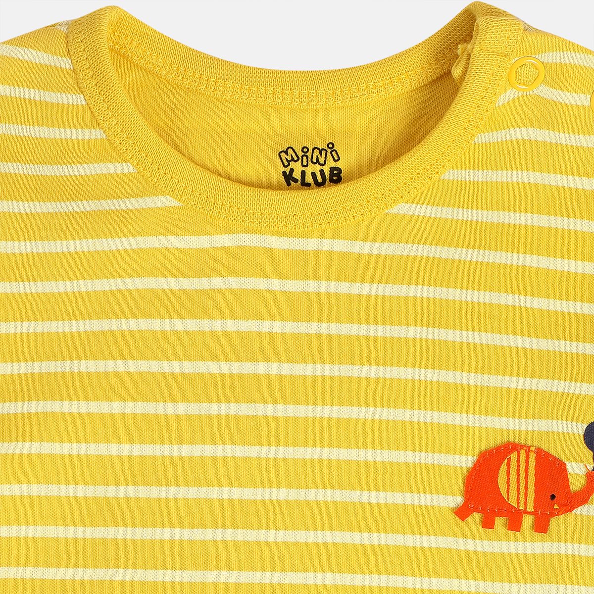 Boys Cotton Pack Of 2 Full Sleeves Elephant Printed & Striped Bodysuits - Olive Green & Mustard