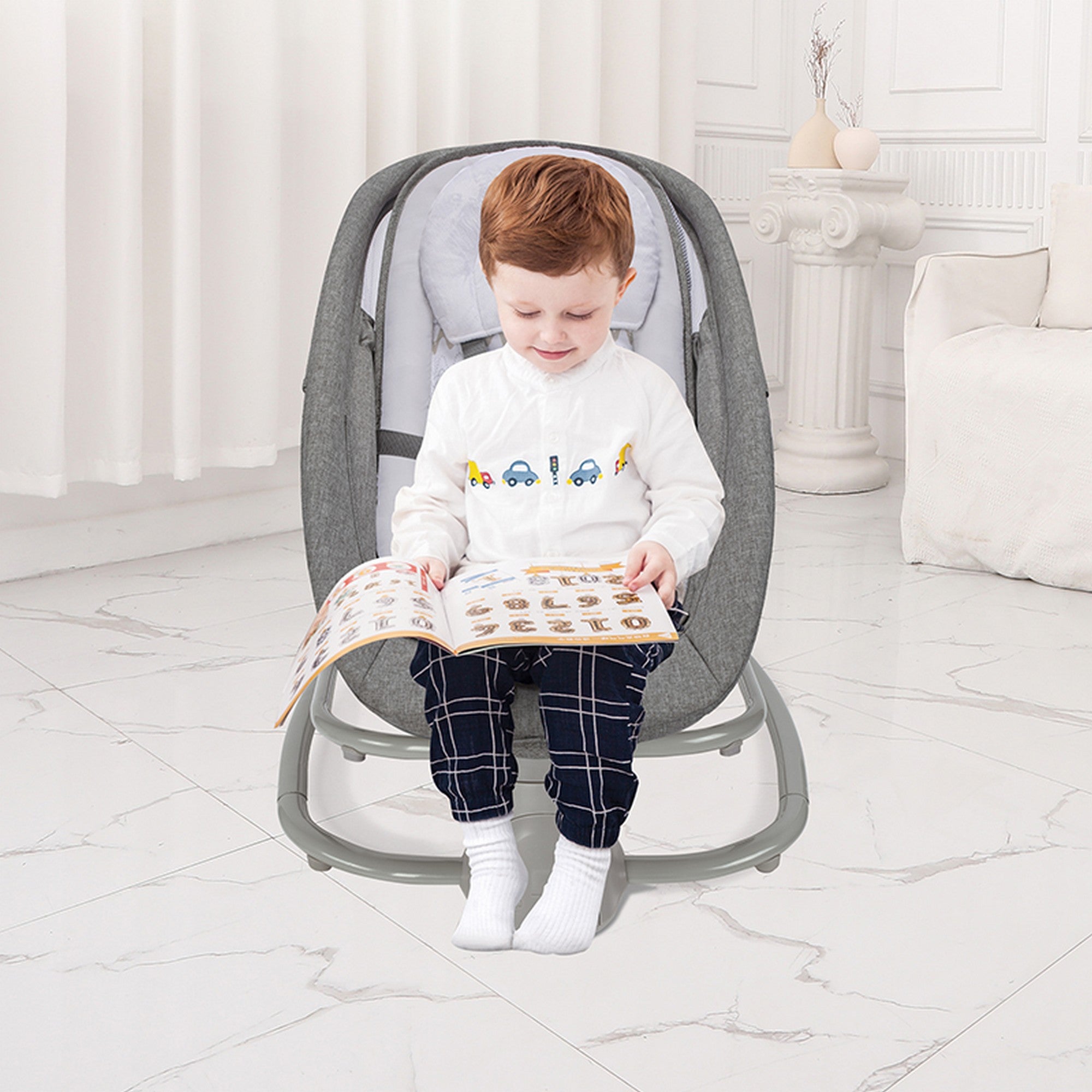 Mastela Grey Baby Electric Rocker and Bouncer with Music, Canopy and Mosquito Net for Infants