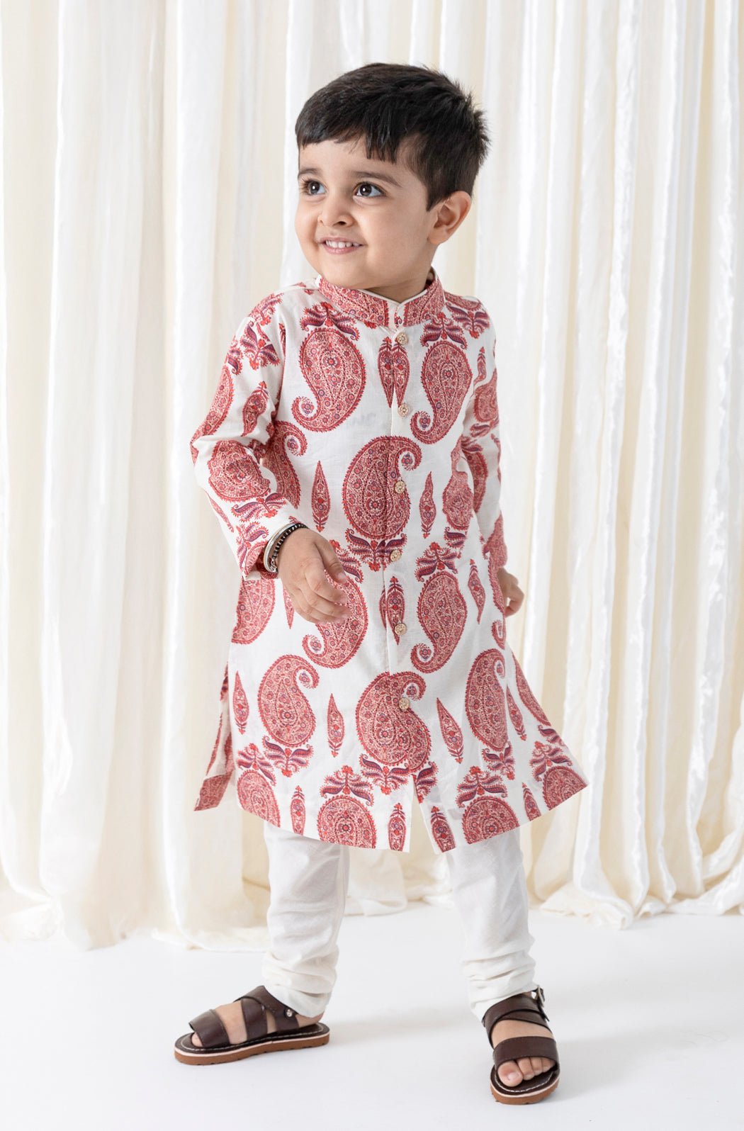 Tiber Taber Boys Print Kurta and Pyjama Set, Red and Cream