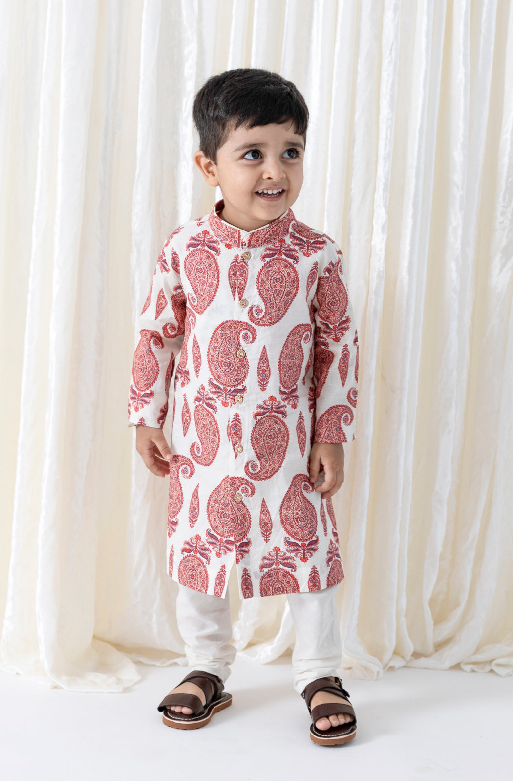 Tiber Taber Boys Print Kurta and Pyjama Set, Red and Cream