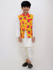 Lil Drama Boys Floral Print Jacket Kurta With Dhoti Pants Set, Yellow And White
