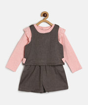 Baby Girls Pink & Brown Cotton Top with Shorts and Sleeveless Overlay Set
