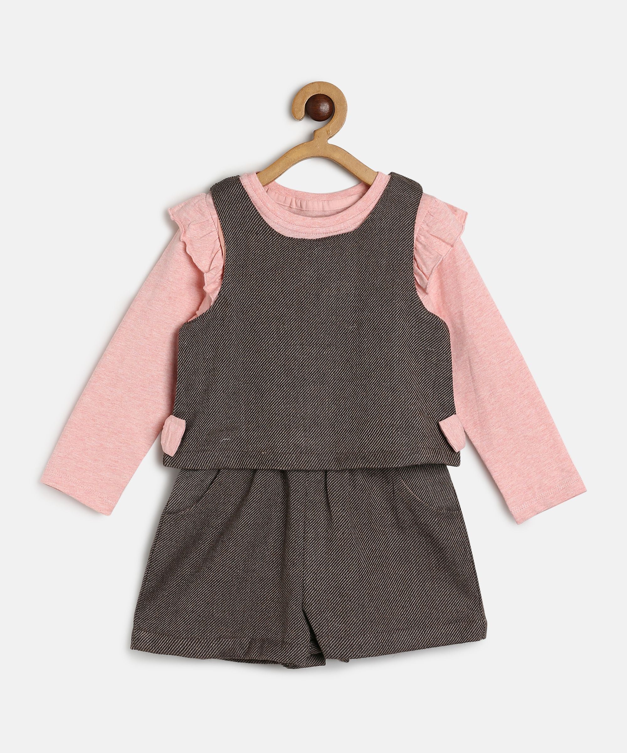Baby Girls Pink & Brown Cotton Top with Shorts and Sleeveless Overlay Set