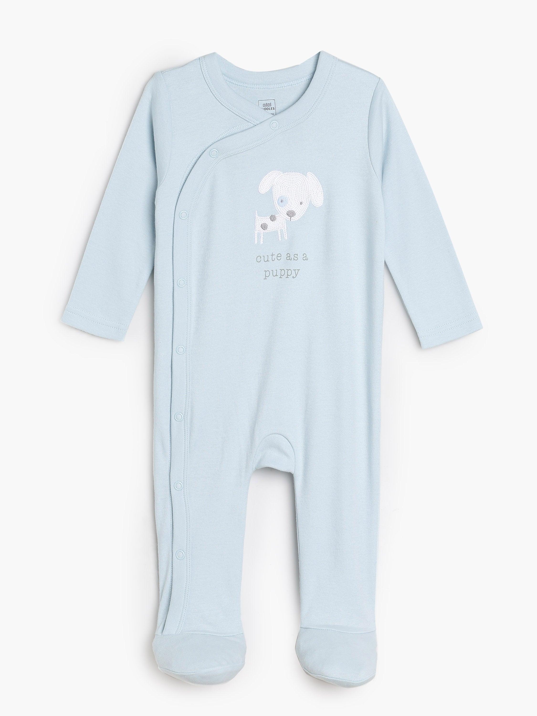 Baby Unisex Puppy Print Front Open Sleepsuit, Light Blue