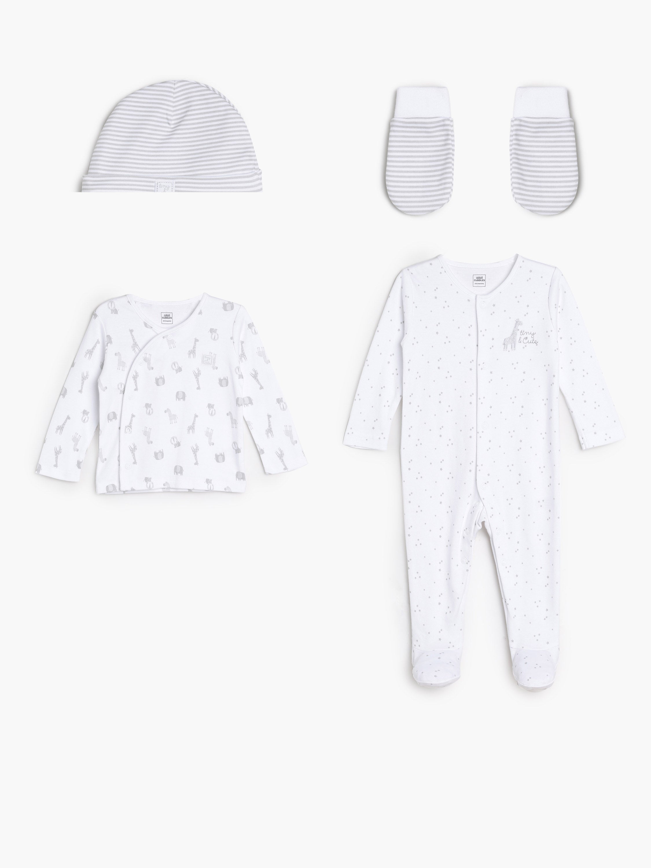 Baby Unisex Animal and Star Print Newborn Gift Set Pack of 5, White and Grey