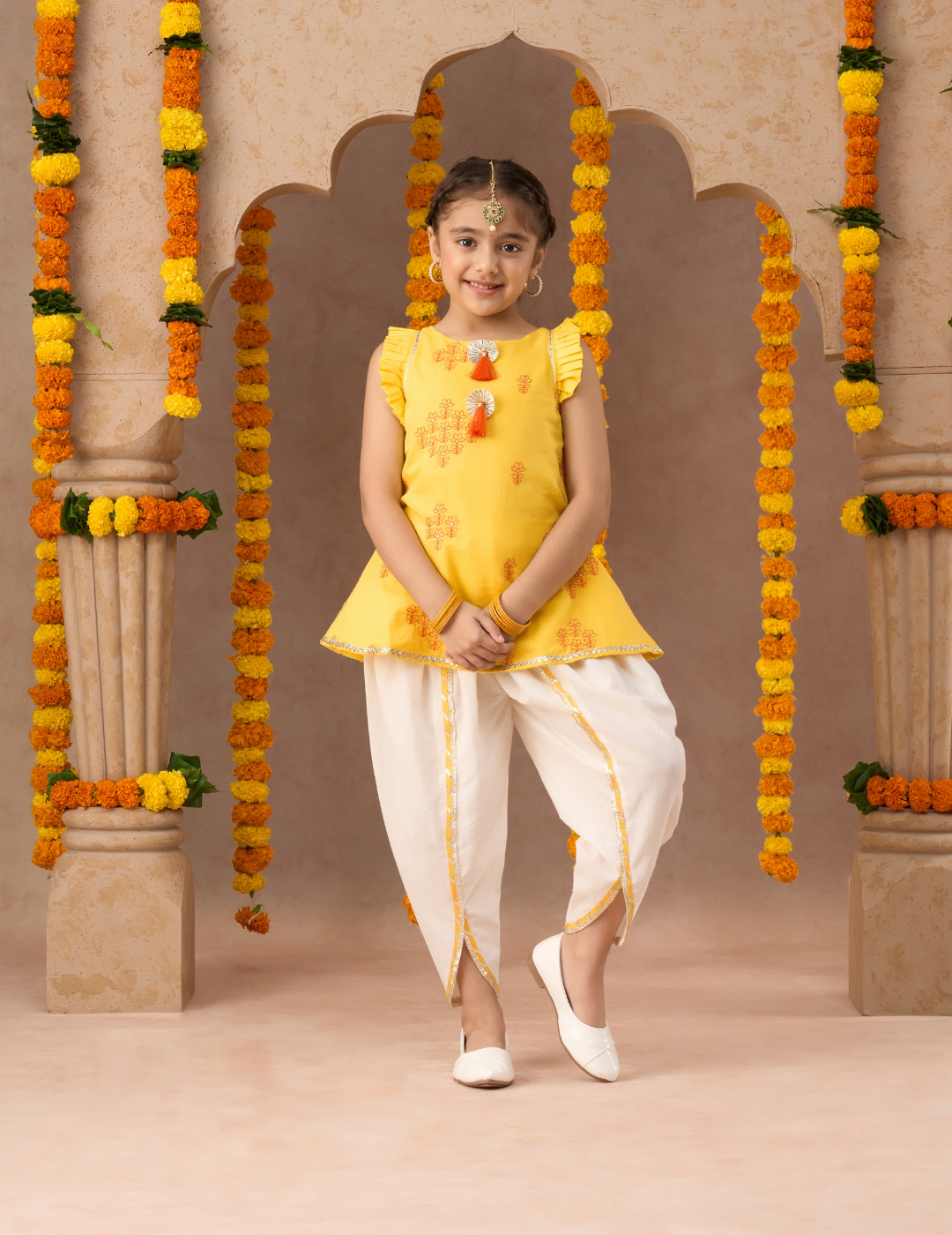 Lil Drama Girls Embroidered Sleeveless Kurta With Dhoti Pants Set, Yellow And White