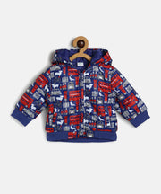 Baby Boys Blue Vehicle Print Hooded Puffer Jacket Regular Fit Winter Wear Jacket