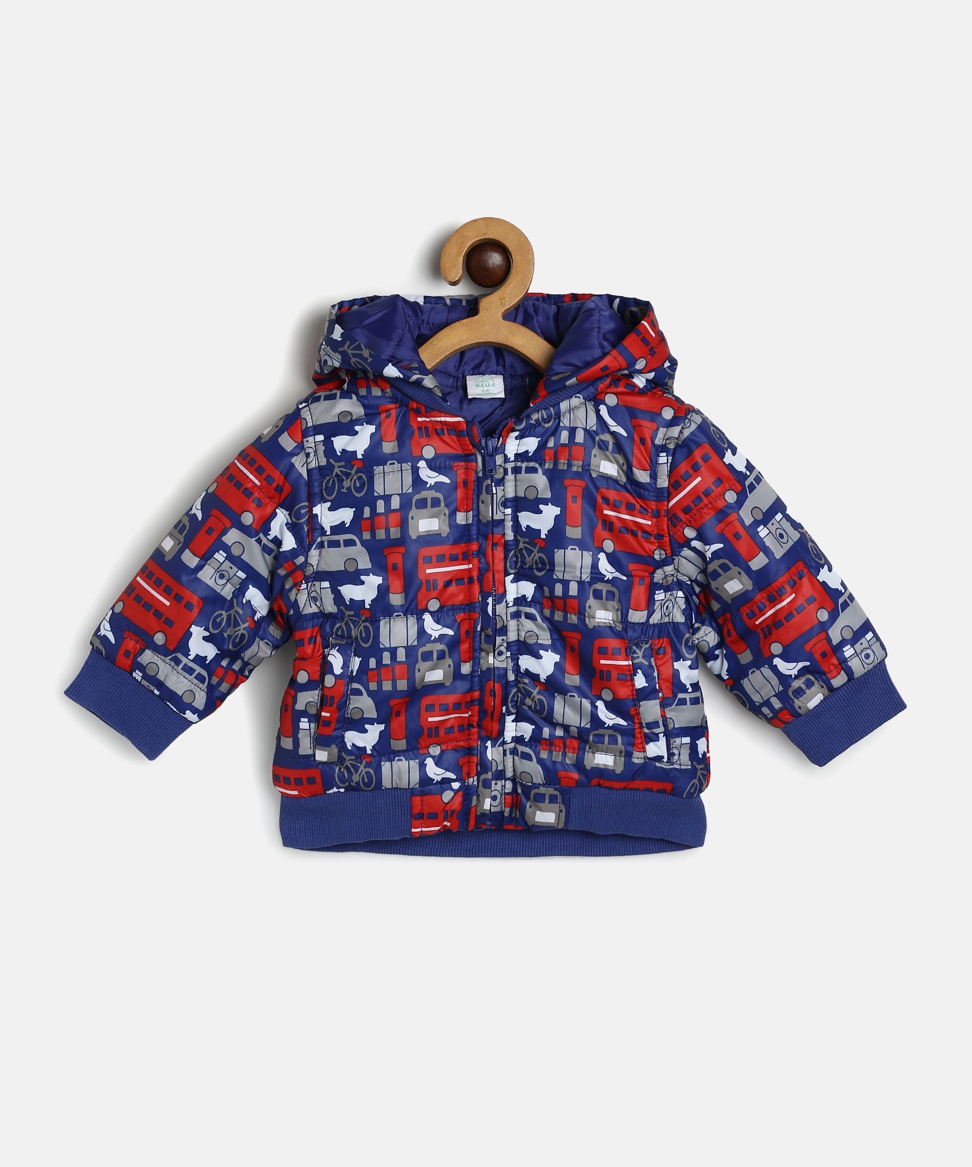 Baby Boys Blue Vehicle Print Hooded Puffer Jacket Regular Fit Winter Wear Jacket