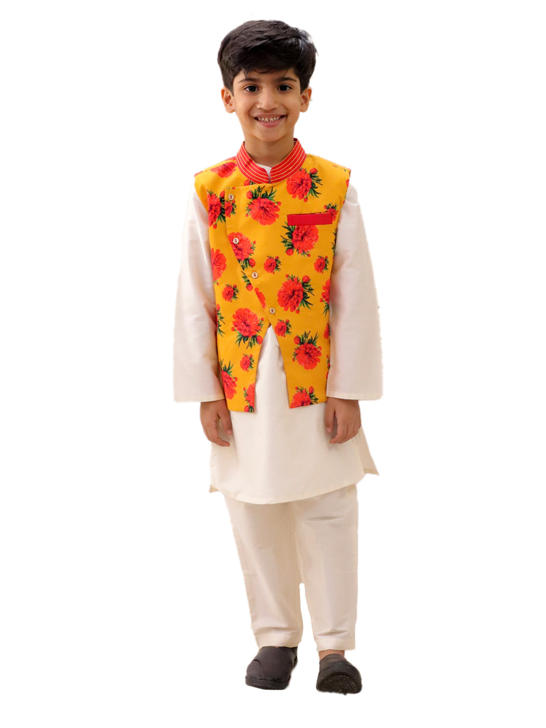 Lil Drama Boys Floral Print Jacket Kurta With Pants Set, Yellow And White