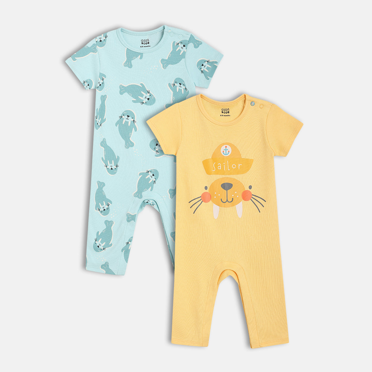 Baby Boys Sailor And Seal Print Rompers Pack Of 2, Multicolour