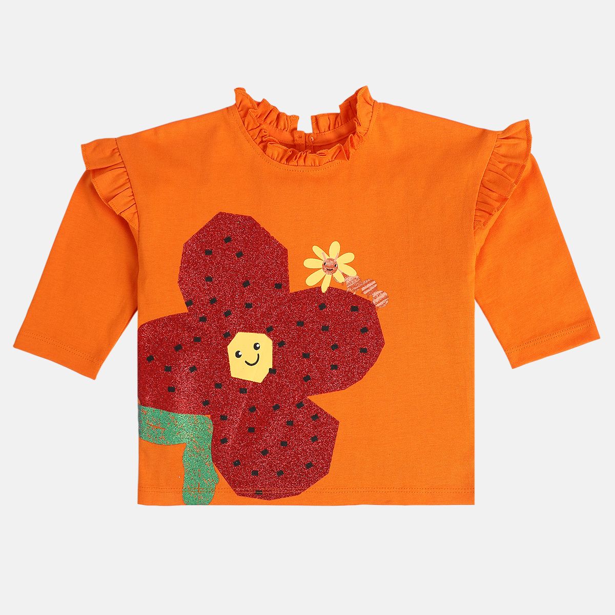 Girls Cotton Full Sleeves Floral Printed Top - Orange