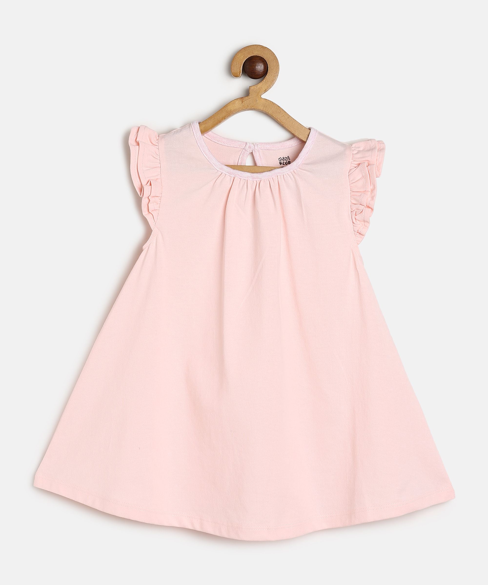 Baby Girls Pink Solid Flutter Sleeve Cotton Dress Regular Fit Casual Dress