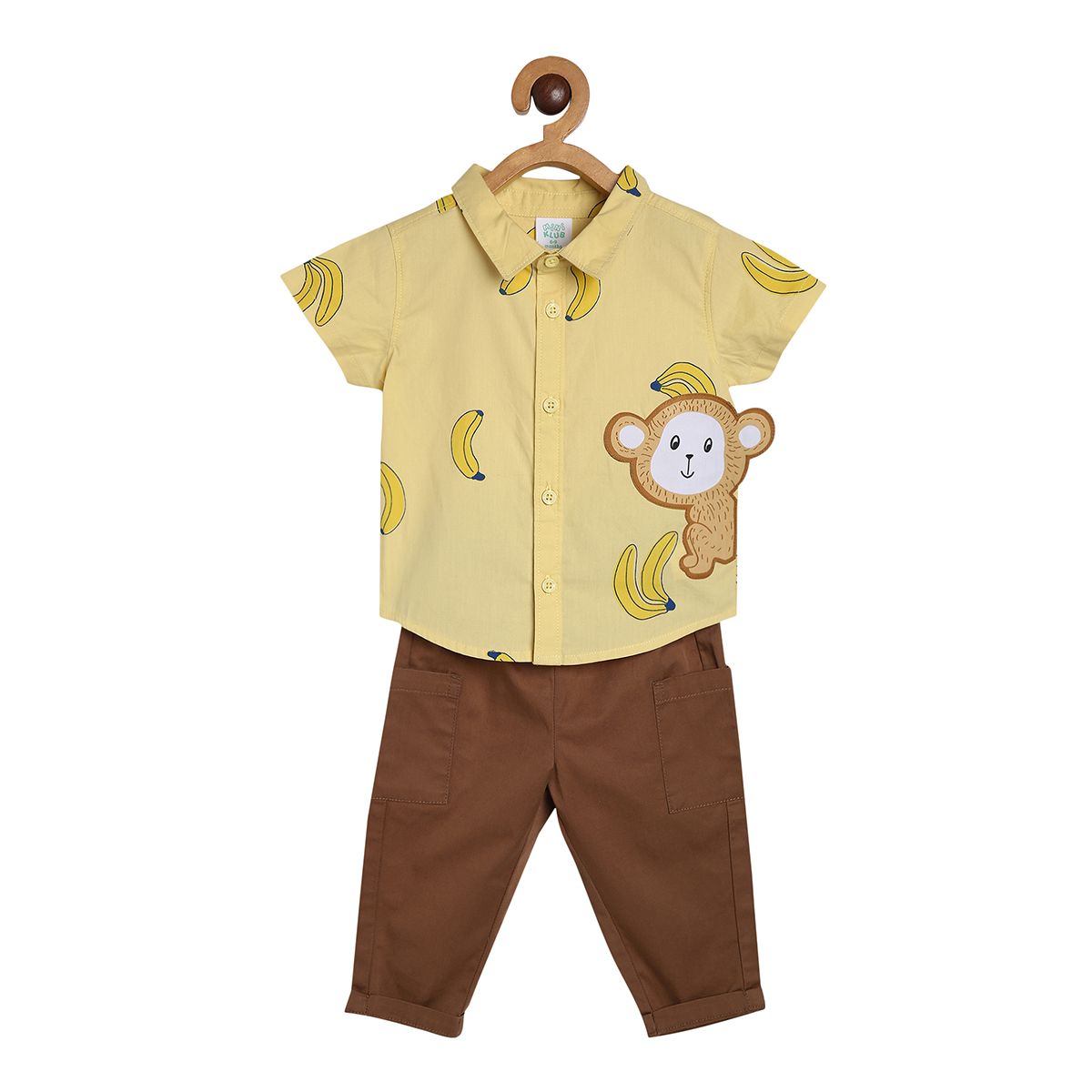 Baby Boys Monkey Print Shirt and Solid Pants Set, Yellow & Brown