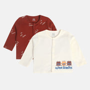 Boys Cotton Pack Of 2 Full Sleeves Typographic Printed Front Open Vest - Maroon & White