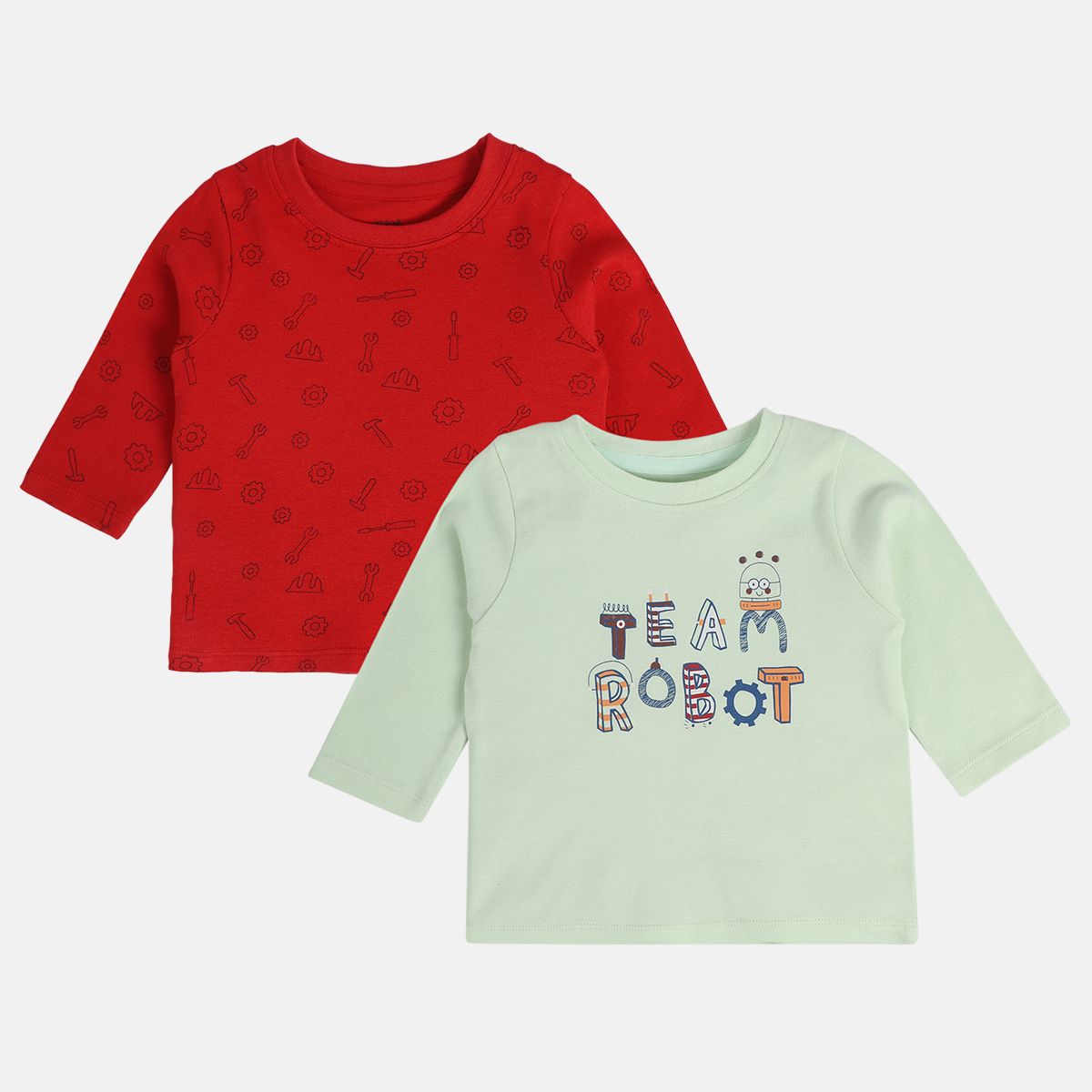 Boys Red / Mint Green Round Neck Full Sleeves T-Shirt