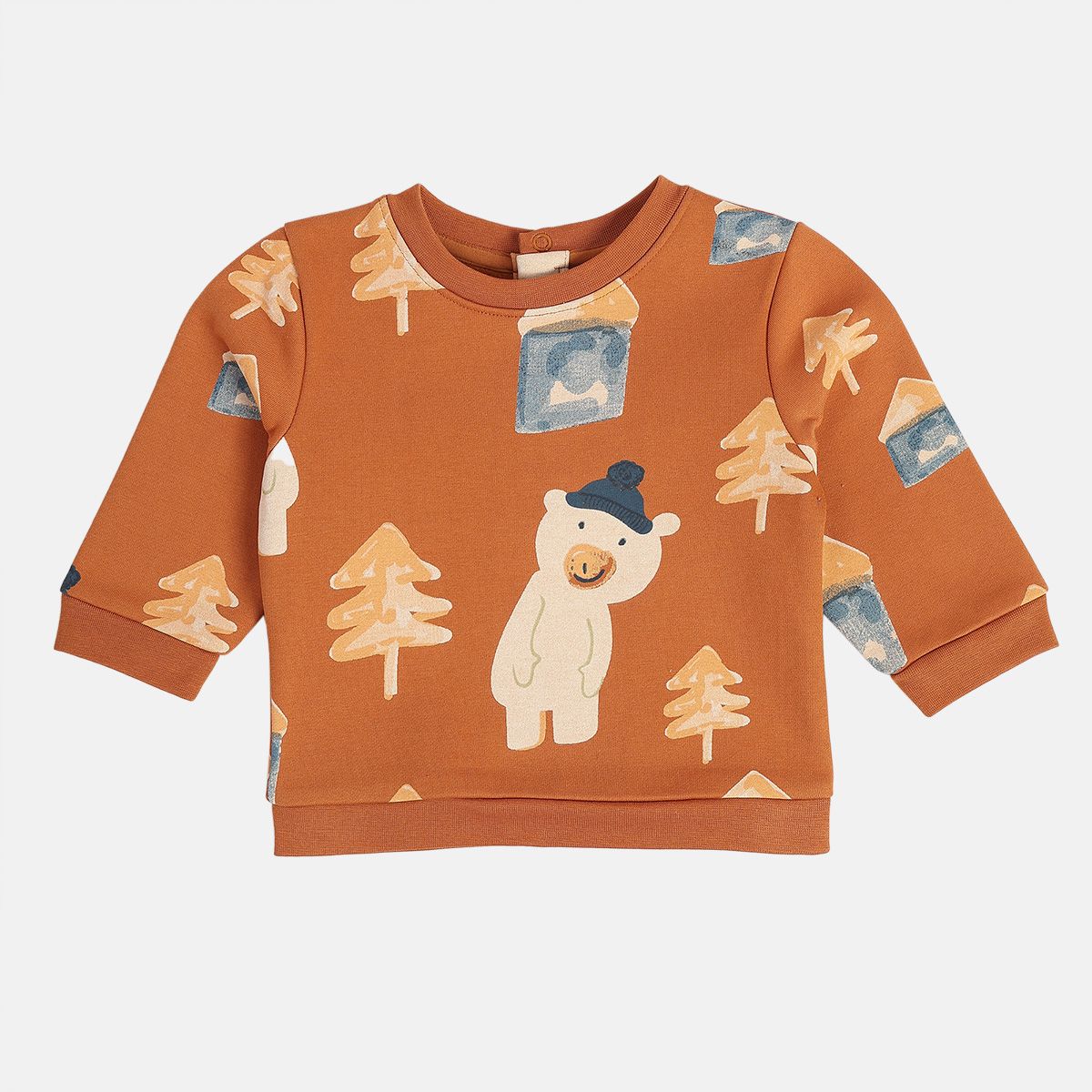 Boys Cotton Full Sleeves Tree Printed Sweatshirt - Brown