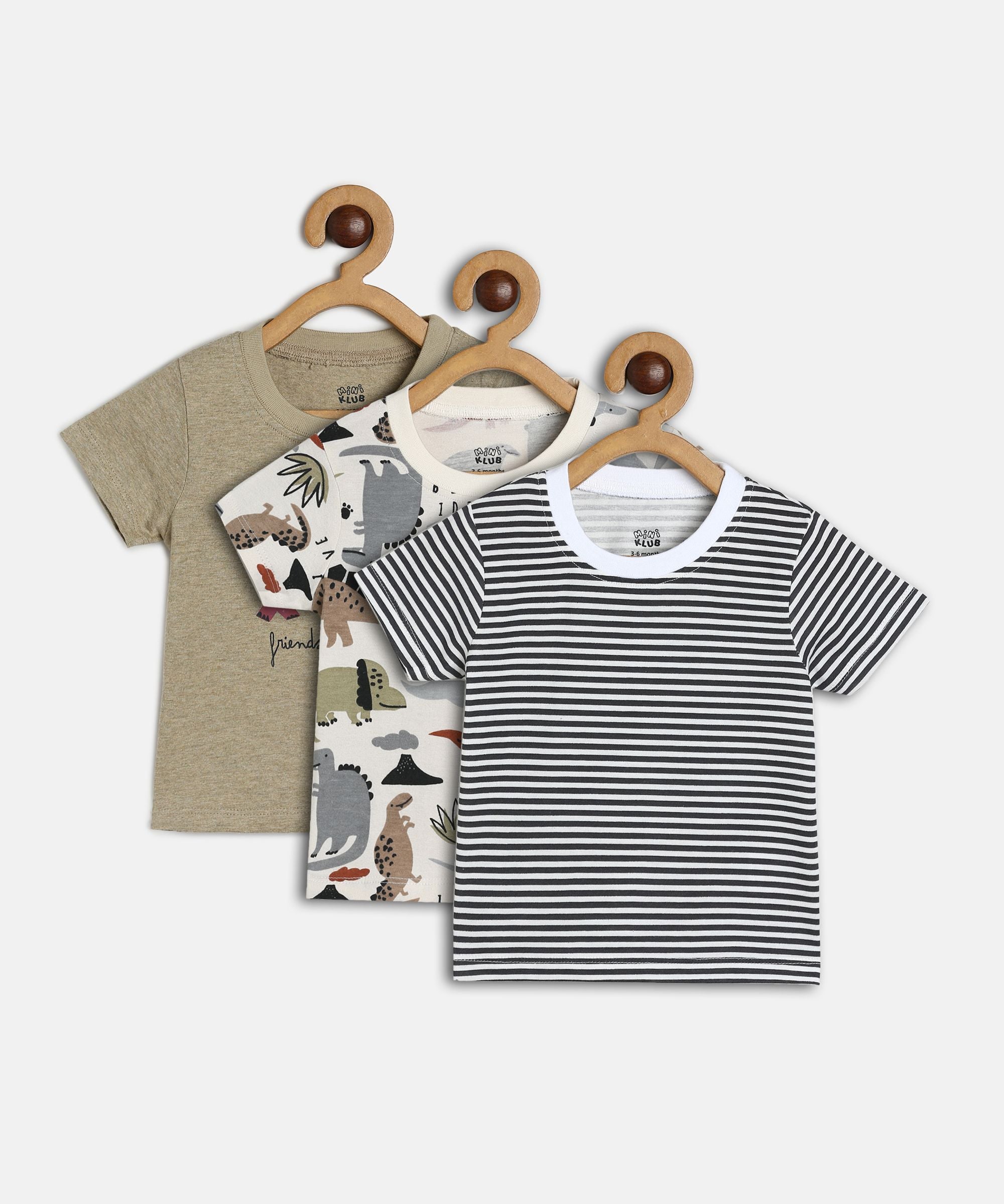 Baby Boys Beige, White and Black Cotton Printed T-Shirts Pack of 3 Regular Fit Casual Wear