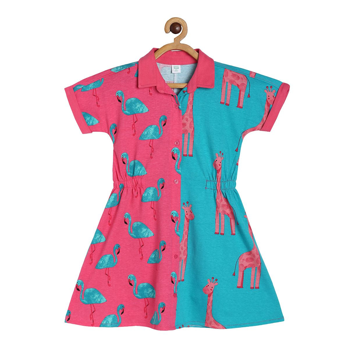 Girls Printed Shirt Dress with Elasticated Waist, Pink & Teal
