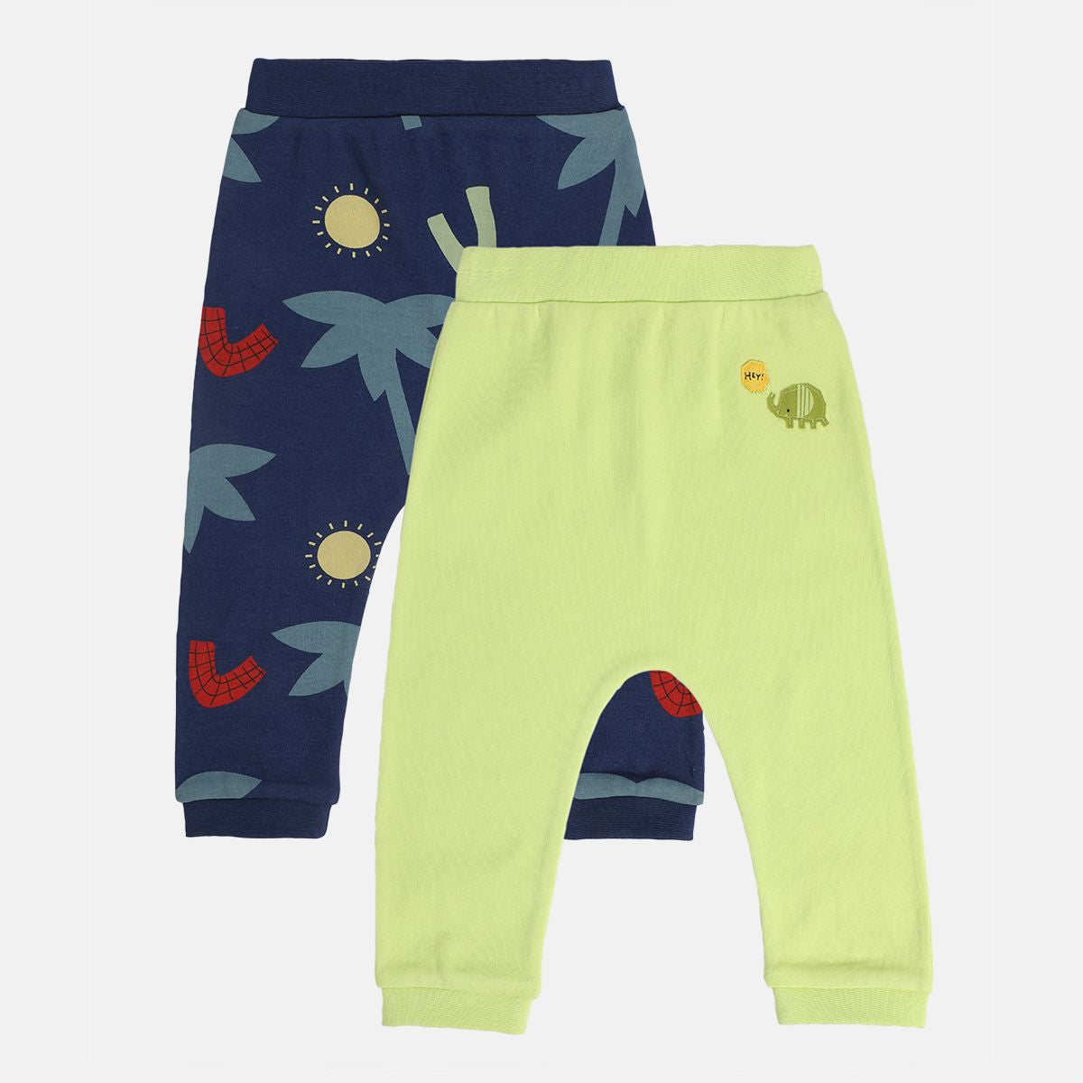 Boys Cotton Pack Of 2 Solid & Trees Printed Knit Bottom - Navy Blue & Light Green