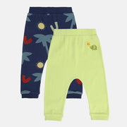 Boys Cotton Pack Of 2 Solid & Trees Printed Knit Bottom - Navy Blue & Light Green