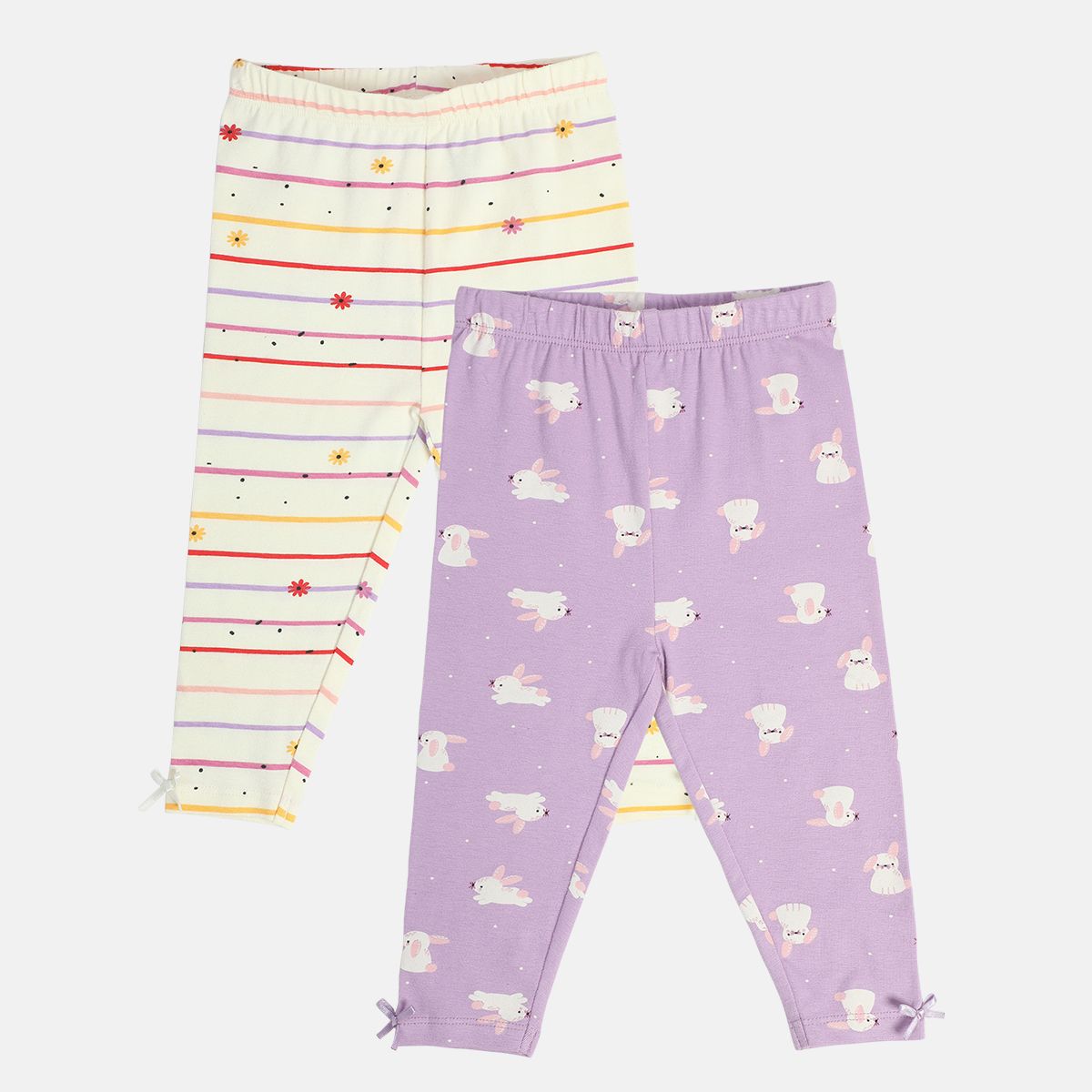 Girls Cotton Pack Of 2 Striped & Rabbit printed Leggings - lavender & White