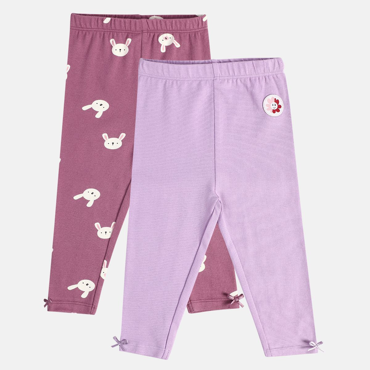 Girls Cotton Pack Of 2 Full Length Solid & Cartoon Printed Leggings - Purple & Lavender