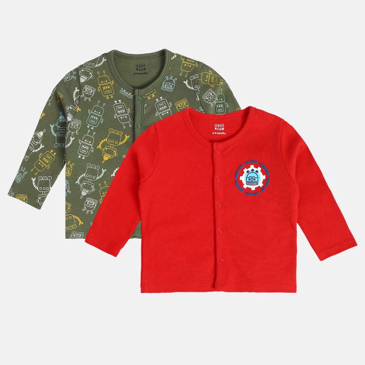 Boys Cotton Pack Of 2 Full Sleeves Robotics Printed Front Open Vest - Red & Green