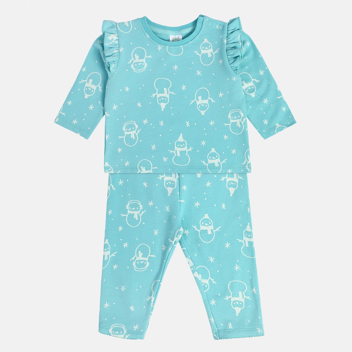 Girls Cotton Ful Sleeves Snowman Printed Top & Bottom - Blue