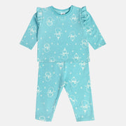 Girls Cotton Ful Sleeves Snowman Printed Top & Bottom - Blue