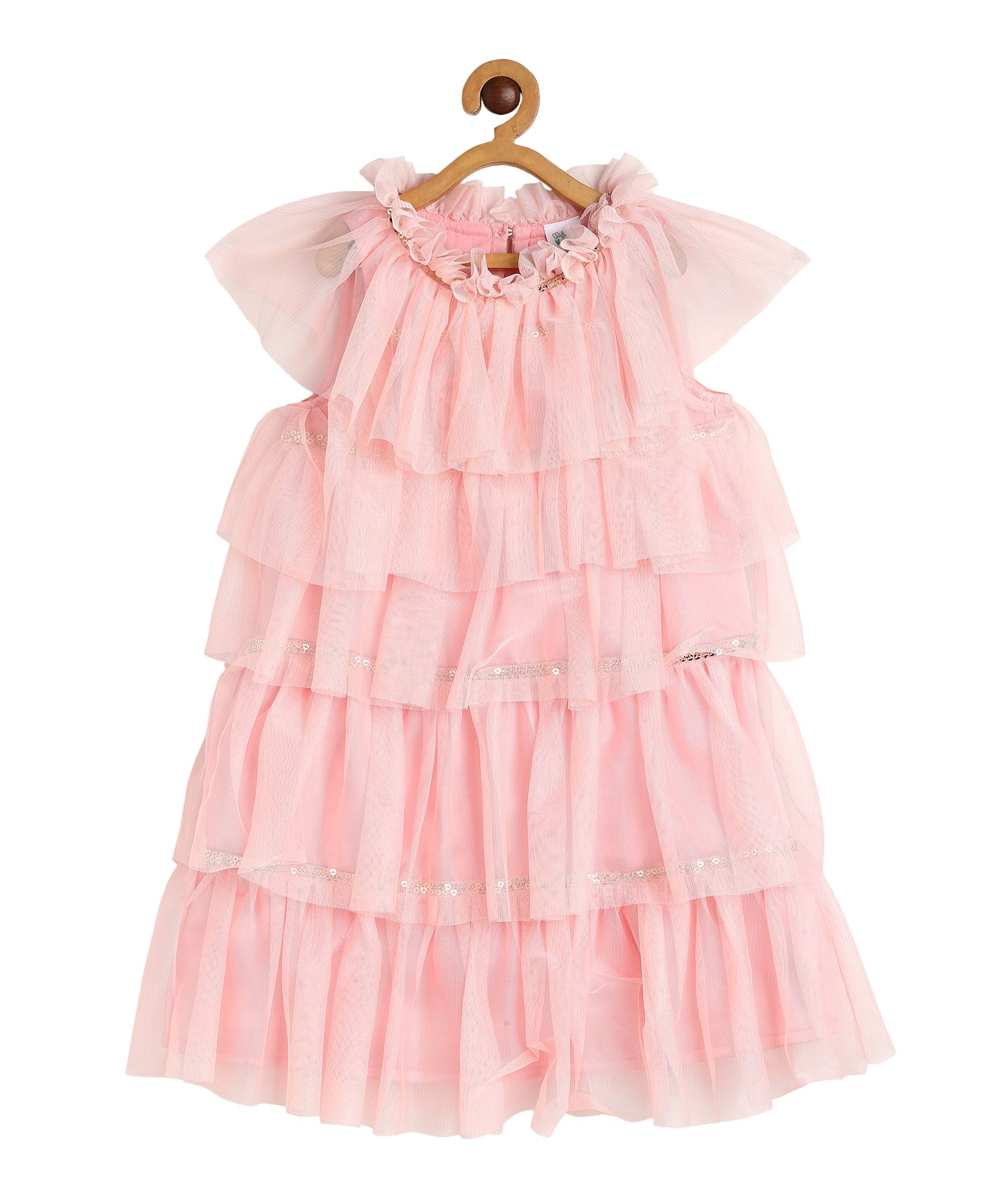 Girls Layered Tulle Party Dress with Ruffled Neckline, Blush Pink