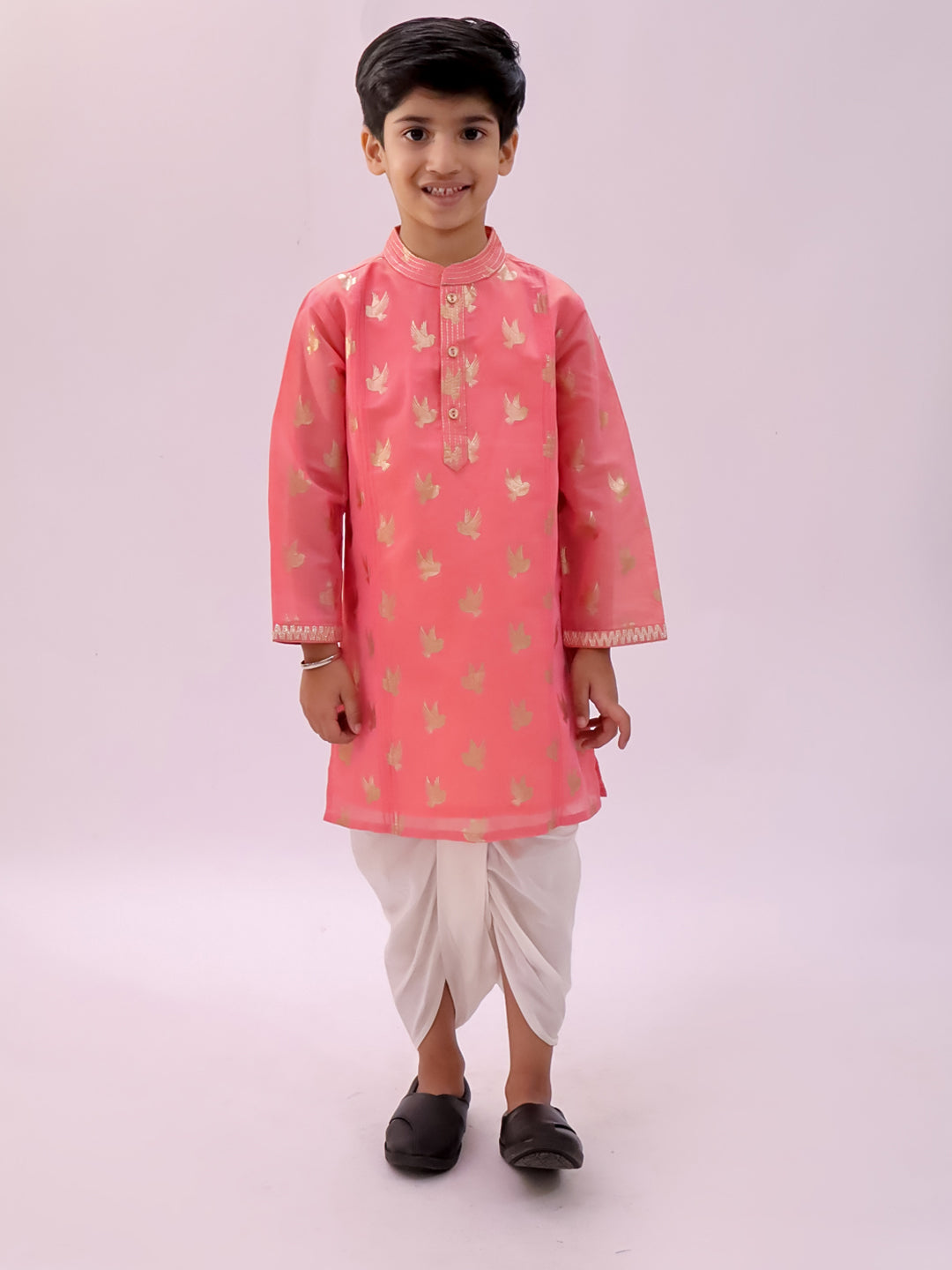 Lil Drama Boys Foil Print Kurta With Dhoti Pants Set, Pink And White