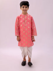 Lil Drama Boys Foil Print Kurta With Dhoti Pants Set, Pink And White