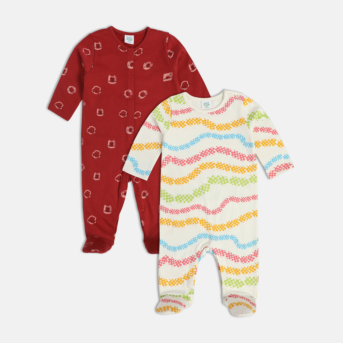 Girls Cotton Pack Of 2 Full Sleeves Animal Printed & Striped Sleepsuit - Maroon & White