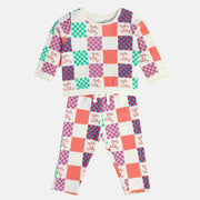 Girls Cotton Full Sleeves Checked Top & Bottom - White & Coral