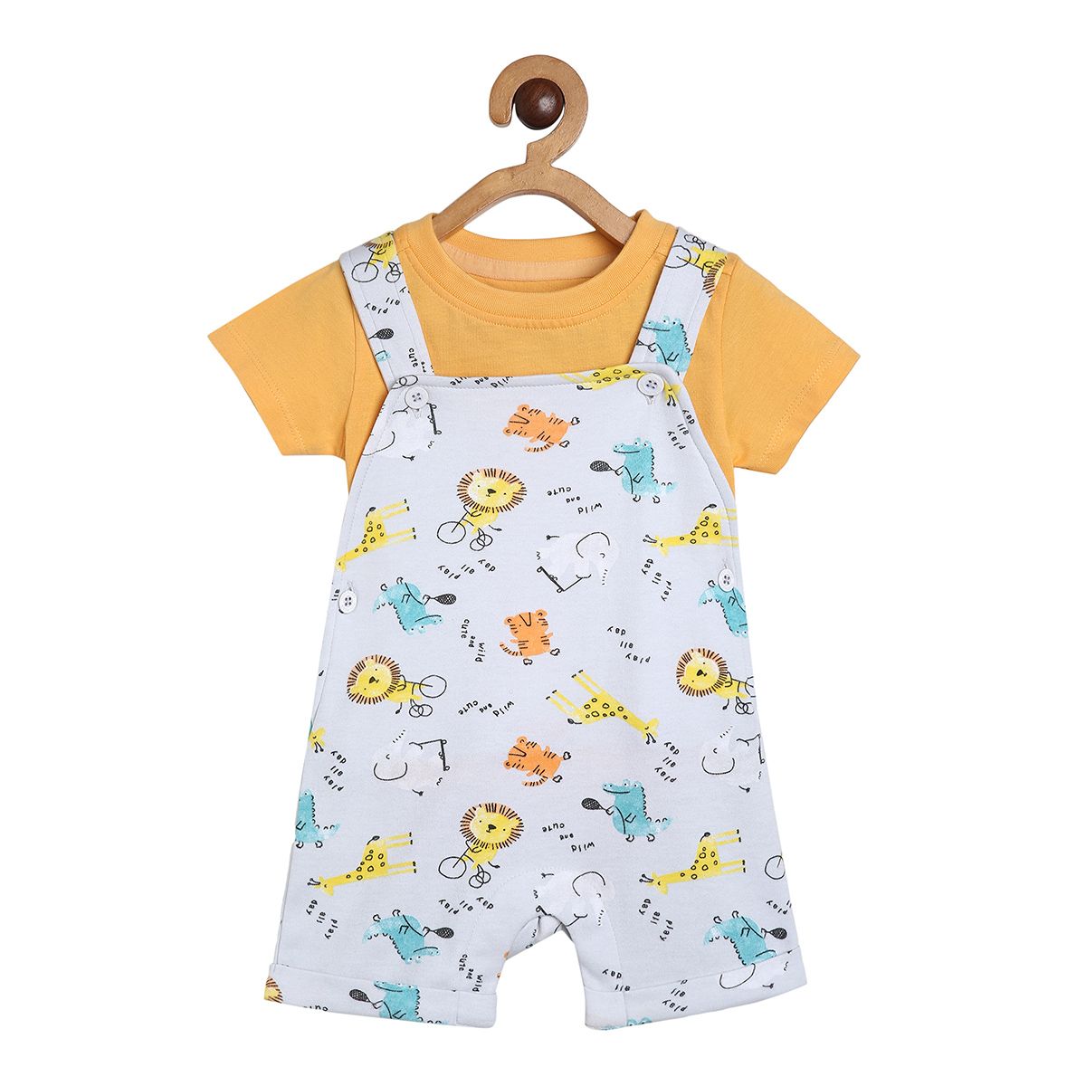 Baby Boys Animal Print Dungaree with Solid T-Shirt Set, Yellow & White
