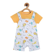 Baby Boys Animal Print Dungaree with Solid T-Shirt Set, Yellow & White