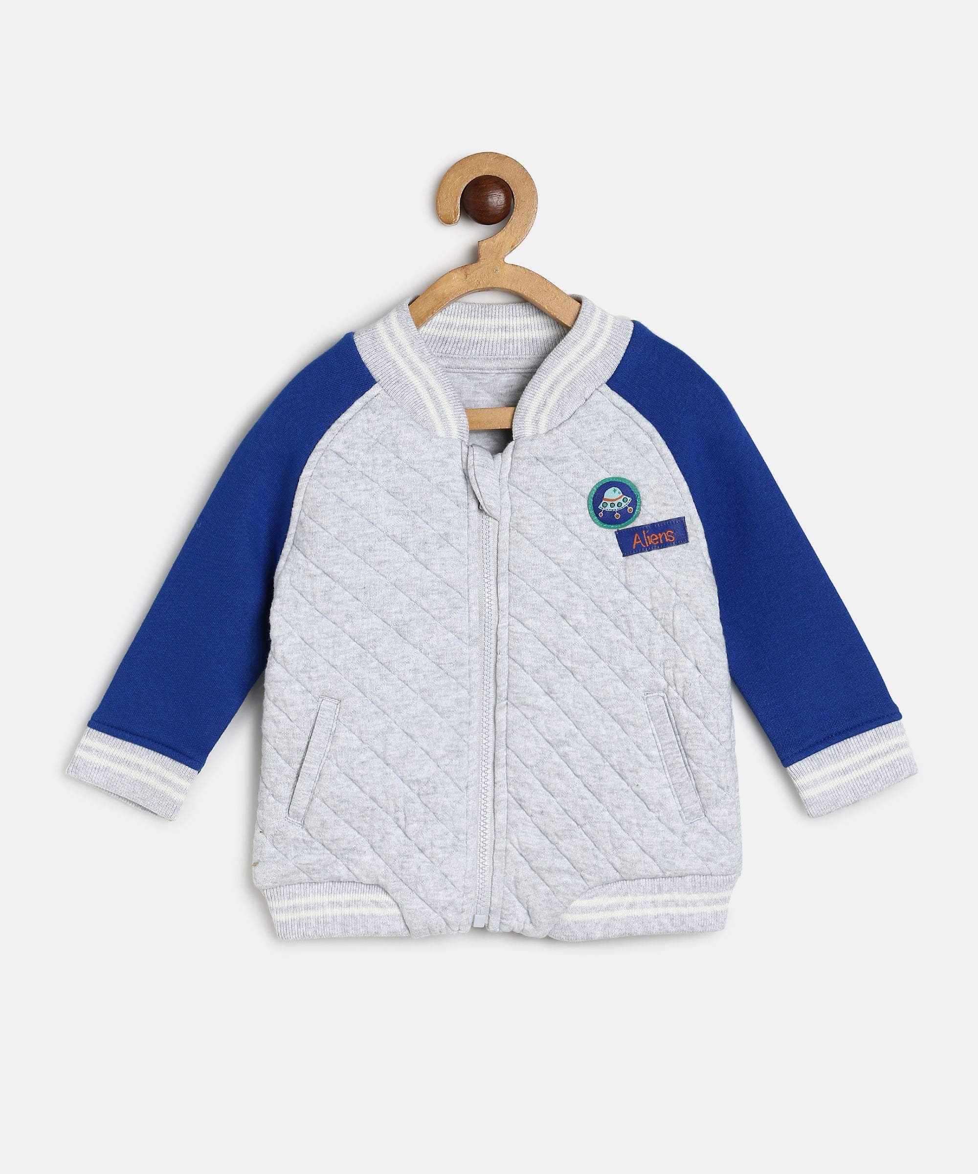 Baby Boys Grey Quilted Bomber Jacket with Blue Sleeves Casual Winter Wear