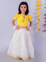 Lil Drama Girls Embroidered Crop Top With Flared Skirt Set, Yellow And White