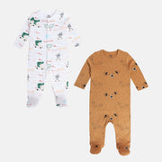 Boys White/Brown Round Neck Full Length / Long Sleeve Sleep Suit