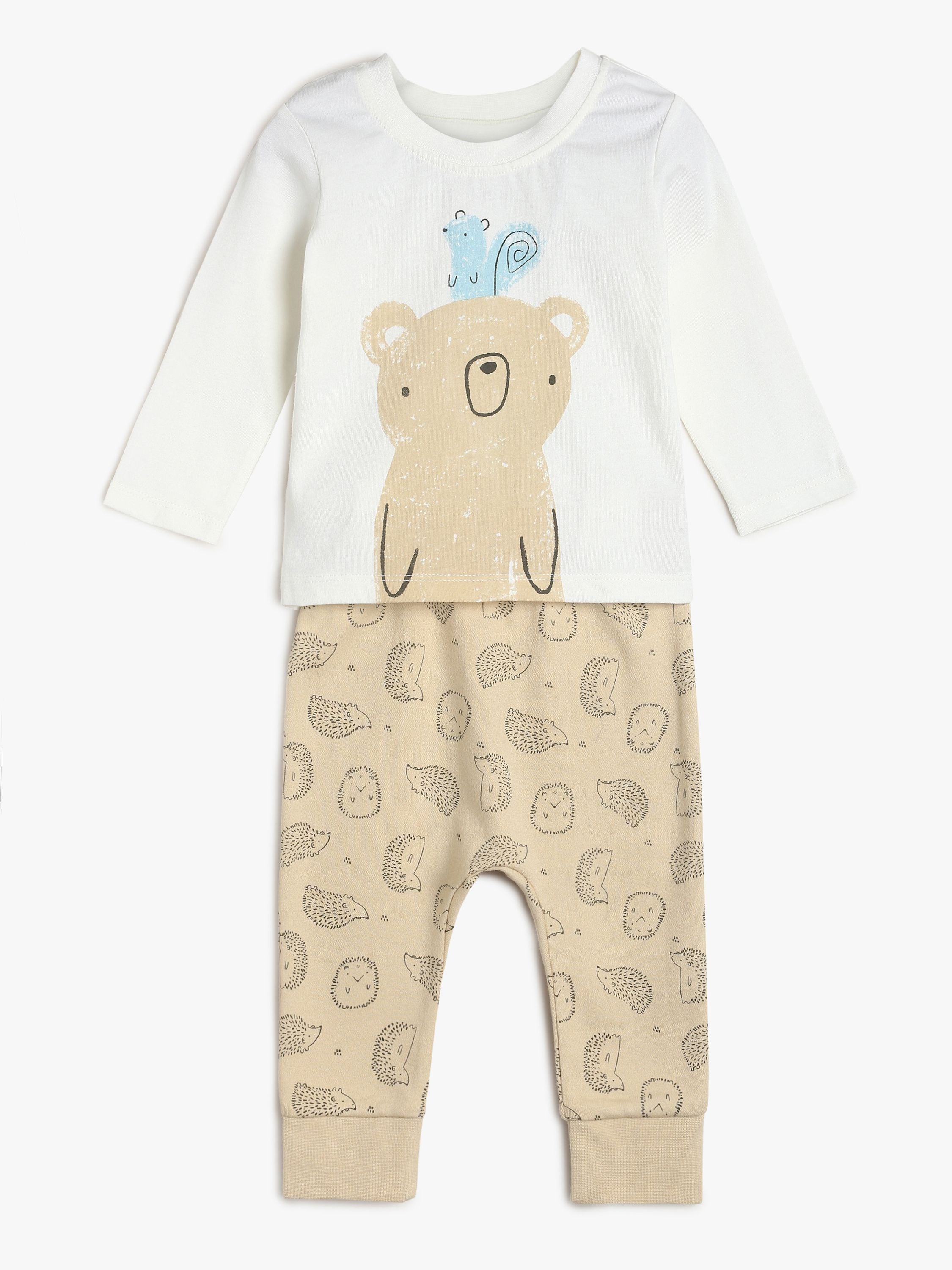 Unisex White and Beige Bear Print Top and Bottom Set Co-Ord Set