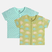 Boys Cotton Pack Of 2 Half Sleeves Elephant & Checks Printed Front Open Vest - Blue & Olive Green