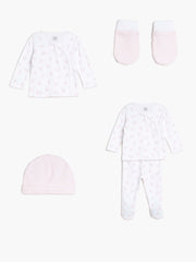 Girls White and Pink Floral Print 4-Piece Newborn Gift Set