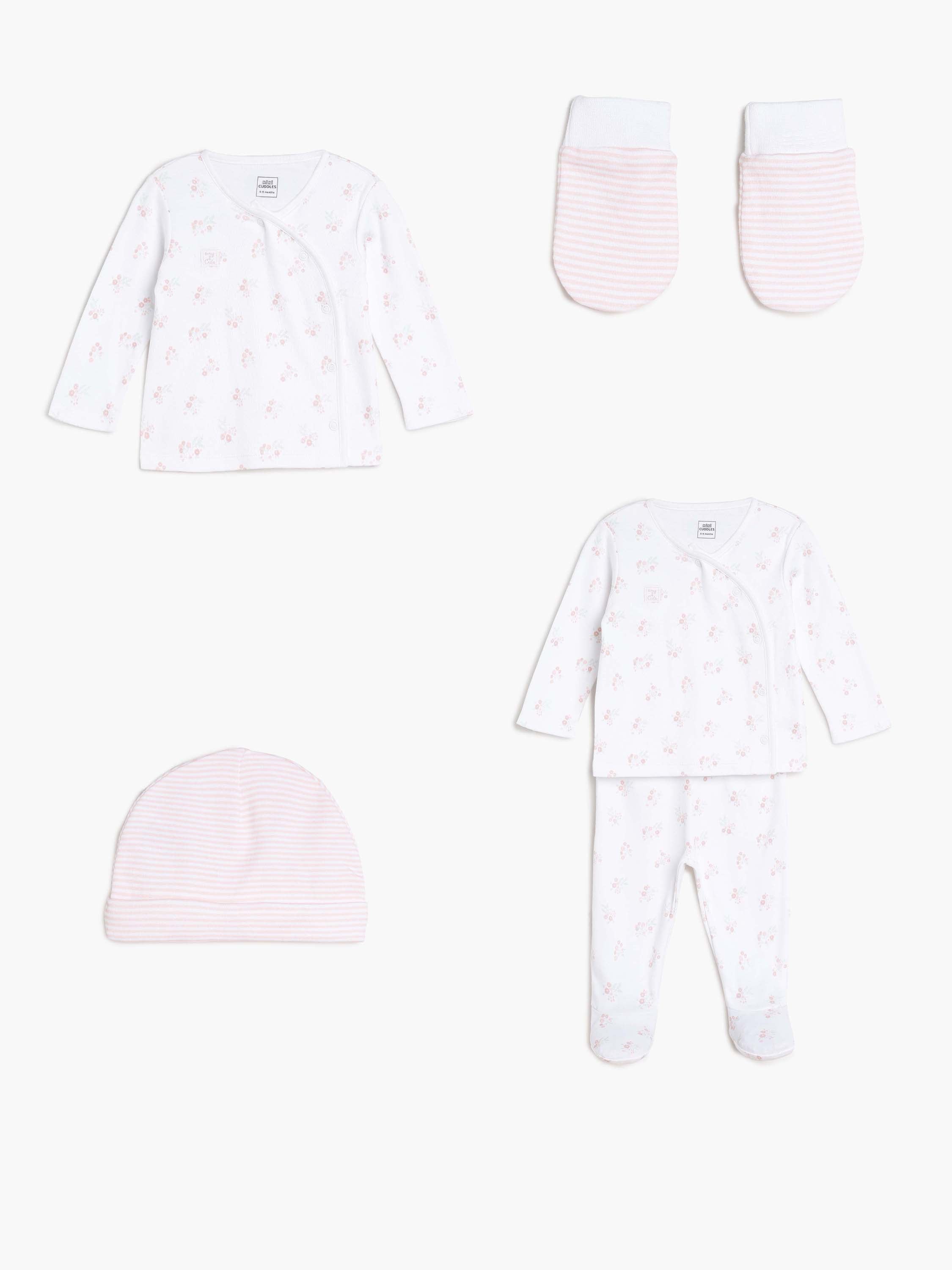 Girls White and Pink Floral Print 4-Piece Newborn Gift Set