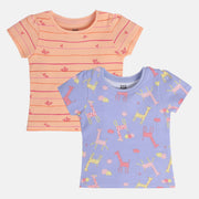 Girls Cotton Pack Of 2 Half Sleeves Animal & Heart Printed Knit Top - Peach & Purple