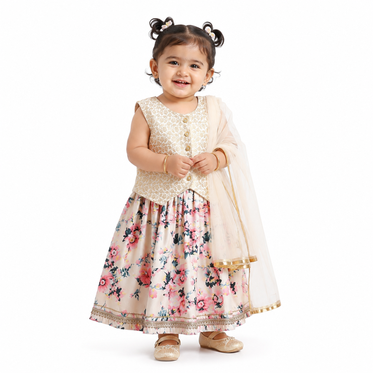 Baby Girls Beige Pink and Gold Woven Lehenga Set Regular Fit Festive Kids Ethnic Wear