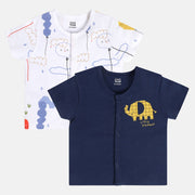 Boys Cotton Pack Of 2 Half sleeves Cartoon Printed Front Open Vest - Navy Blue & White