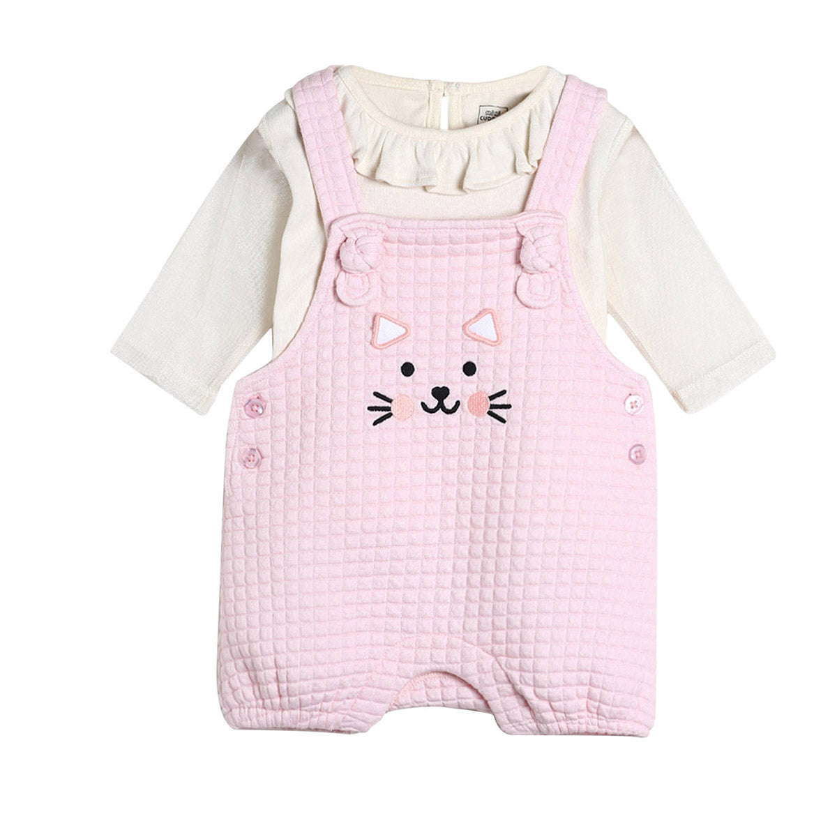 Girls Pink Dungaree Romper with Cat Embroidery and Full Sleeve Top Outfit Set